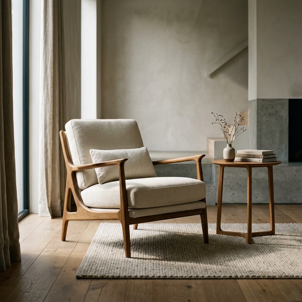 Luxury modern armchair with natural wood and linen textures
