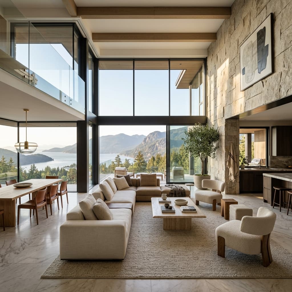 Grand luxury living room with floor-to-ceiling windows