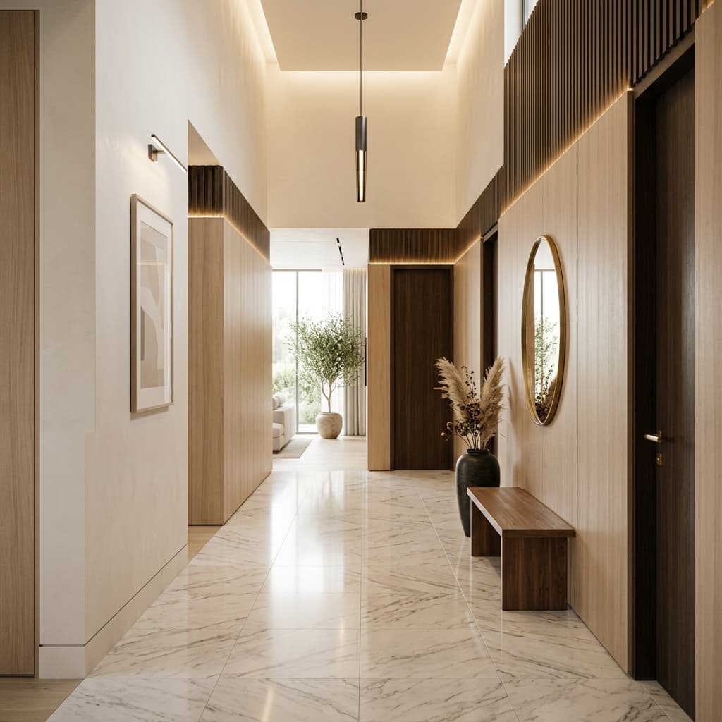 Minimalist interior hallway with marble and warm lighting