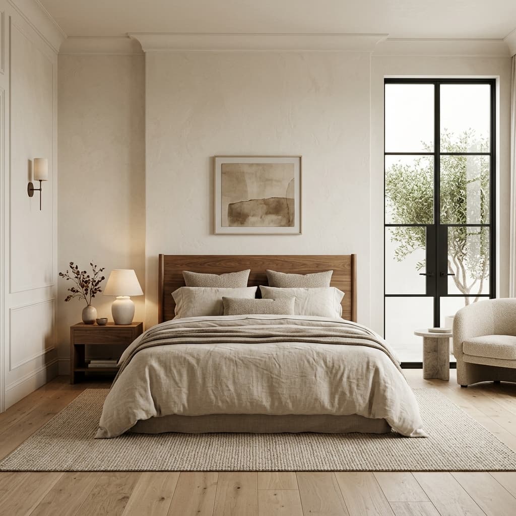 Modern bedroom with natural textures and warm light