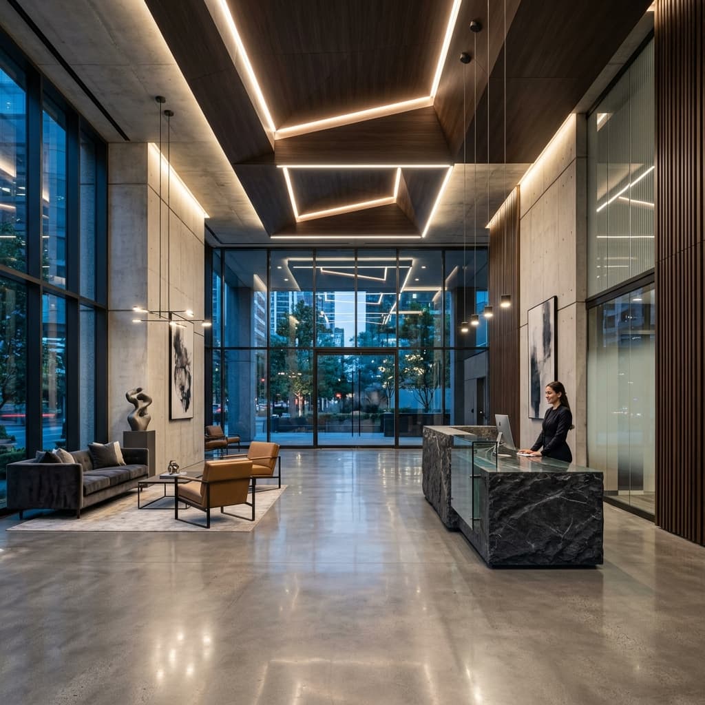 Sophisticated commercial interior with dramatic architectural lighting