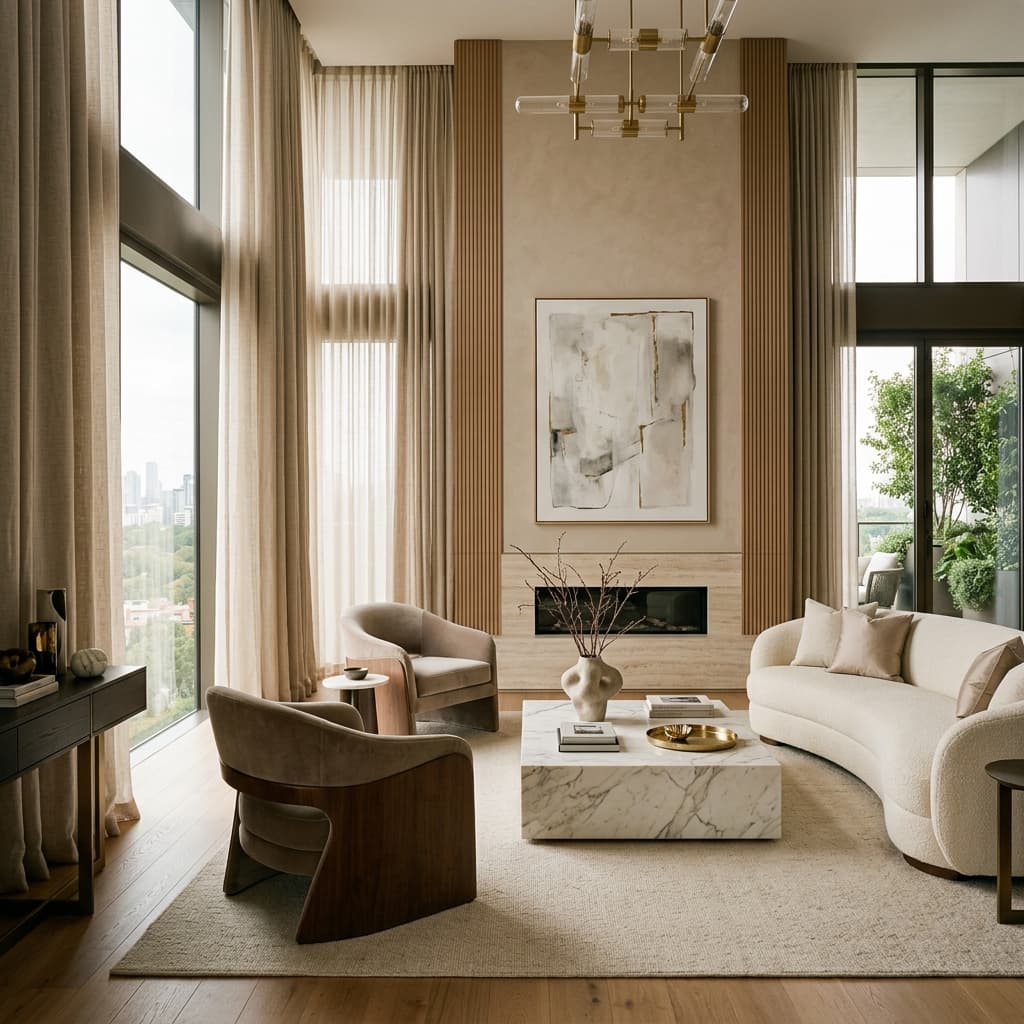Luxury residential interior with designer furniture and warm natural lighting